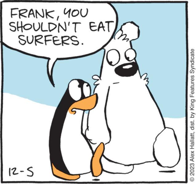 Font OCR: 5-21 © 2023 Alex Hallattdist. by King Features Syndicate SURFERS. SHOULDN'T EAT FRANKYOU 5-21 © 2023 Alex Hallattdist . by King Features Syndicate SURFERS . SHOULDN'T EAT FRANK
