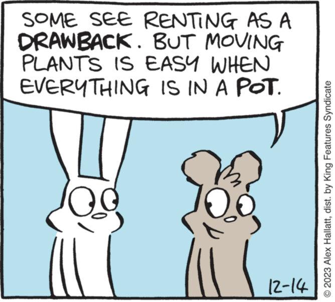 Organism OCR: SOME SEE RENTING AS A DRAWBACK. BUT MOVING PLANTS IS EASY WHEN EVERYTHING IS IN A POT. 11 C 11 12-14 © 2023 Alex Hallattdist. by King Features Syndicate SOME SEE RENTING AS A DRAWBACK . BUT MOVING PLANTS IS EASY WHEN EVERYTHING IS IN A POT . 11 C 11 12-14 © 2023 Alex Hallattdist . by King Features Syndicate
