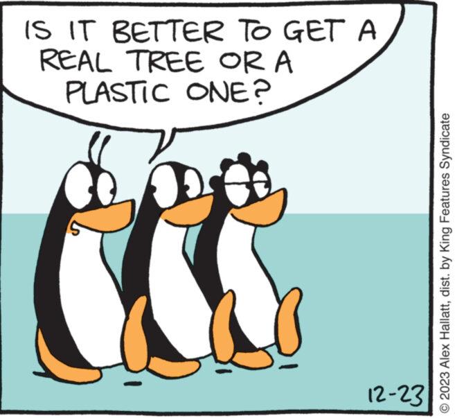 Art OCR: IS IT BETTER TO GET A REAL TREE OR A PLASTIC ONE? " 12-23 © 2023 Alex Hallattdist. by King Features Syndicate IS IT BETTER TO GET A REAL TREE OR A PLASTIC ONE ? " 12-23 © 2023 Alex Hallattdist . by King Features Syndicate