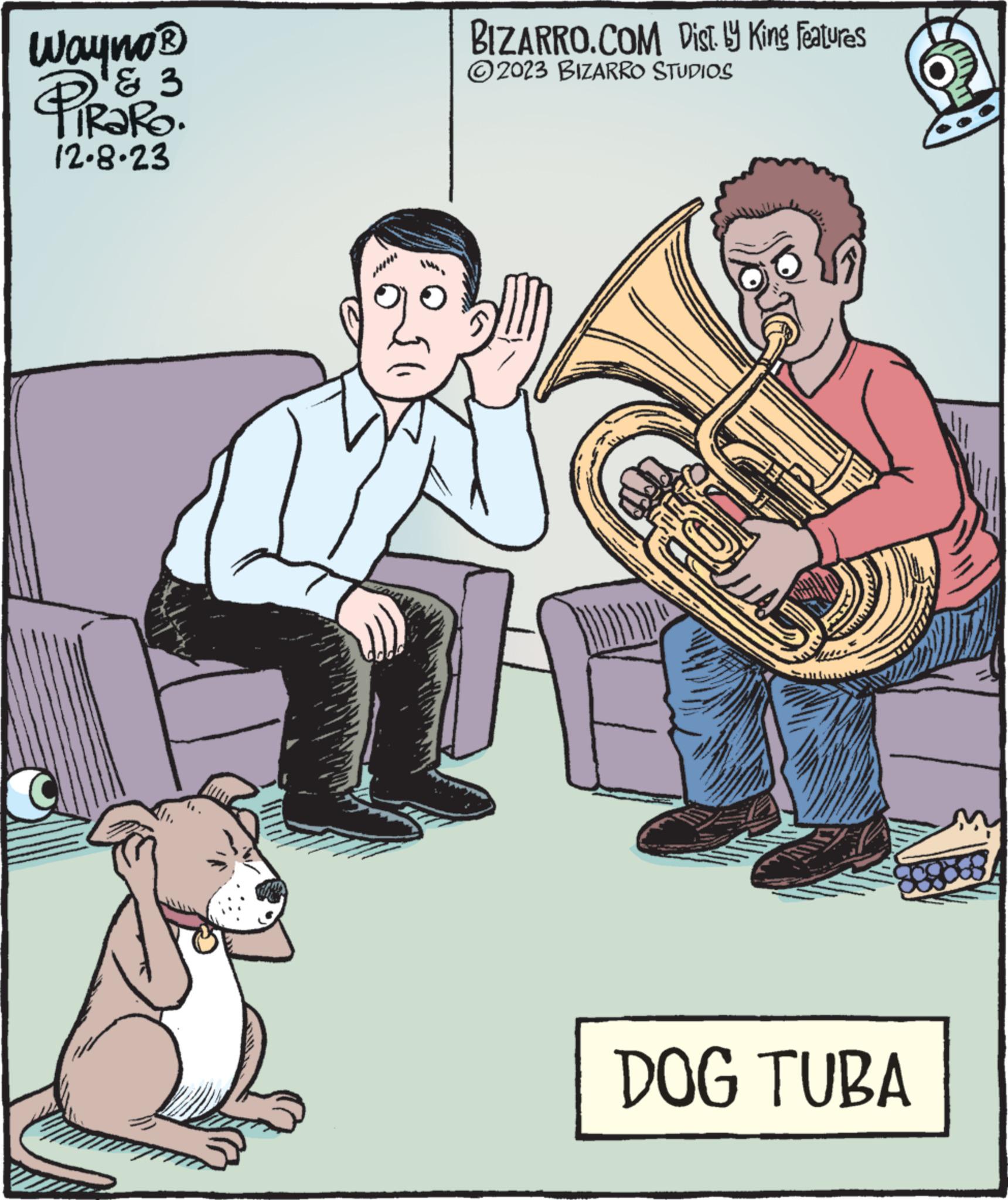 Working animal OCR: Wayno ? ? ? PiRaRO. 12.8.23 BIZARRO.COM Dist. by King Features ?2023 BIZARRO STUDIOS Tyyo! DOG TUBA Wayno ? ? ? PiRaRO . 12.8.23 BIZARRO.COM Dist . by King Features ?2023 BIZARRO STUDIOS Tyyo ! DOG TUBA