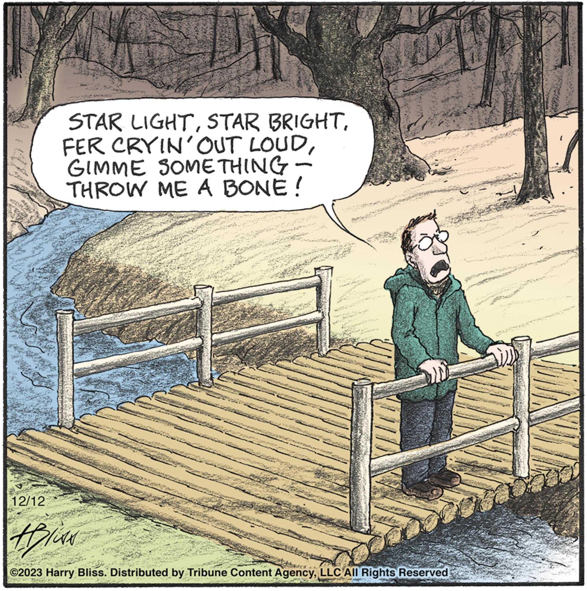 Illustration OCR: 12/12 STAR LIGHTGIMME SOMETHING THROW ME A BONE! think ?2023 Harry Bliss. Distributed by Tribune Content AgencyLLC All Rights Reserved 12/12 STAR LIGHTSTAR BRIGHTFER CRYIN ' OUT LOUDGIMME SOMETHING THROW ME A BONE ! think ?2023 Harry Bliss . Distributed by Tribune Content AgencyLLC All Rights Reserved
