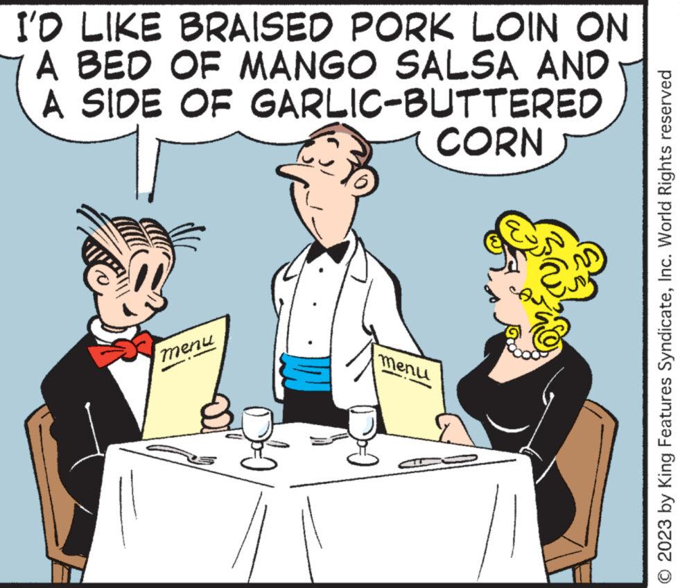 Gesture OCR: I'D LIKE BRAISED PORK LOIN ON A BED OF MANGO SALSA AND A SIDE OF GARLIC-BUTTERED CORN menu menu r © 2023 by King Features SyndicateInc. World Rights reserved I'D LIKE BRAISED PORK LOIN ON A BED OF MANGO SALSA AND A SIDE OF GARLIC - BUTTERED CORN menu menu r © 2023 by King Features SyndicateInc. World Rights reserved