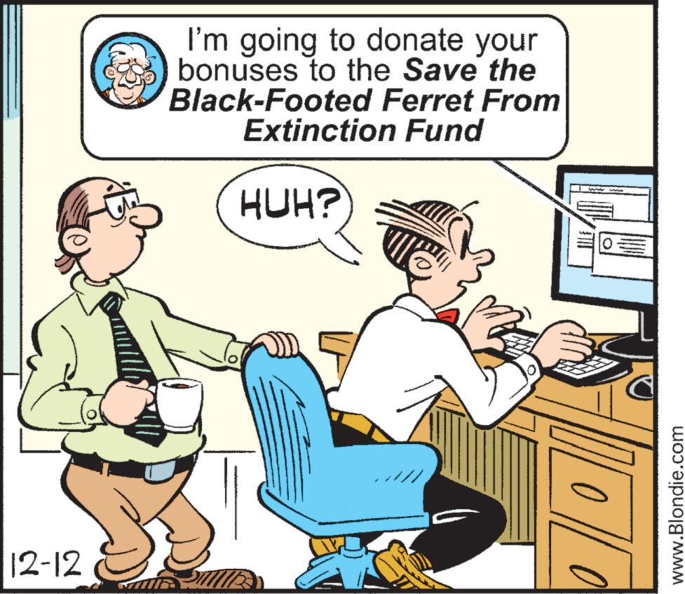 Chair OCR: 12-12 Till I'm going to donate your bonuses to the Save the Black-Footed Ferret From Extinction Fund HUH? W T 0 www.Blondie.com 12-12 Till I'm going to donate your bonuses to the Save the Black - Footed Ferret From Extinction Fund HUH ? W T 0 www.Blondie.com
