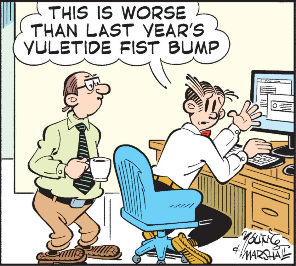 Conversation OCR: THIS IS WORSE THAN LAST YEAR'S VULETIDE FIST BUMP MIR YOUNG & MARSHAL THIS IS WORSE THAN LAST YEAR'S VULETIDE FIST BUMP MIR YOUNG & MARSHAL