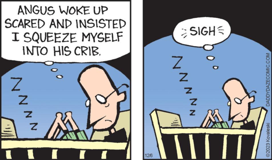 Gesture OCR: ANGUS WOKE UP SCARED AND INSISTED I SQUEEZE MYSELF INTO HIS CRIB. NNNN A 12/6 NA Z SIGH Z NN ||| DADDYDAZECOMIC.COM ?2023 Kovaleski ANGUS WOKE UP SCARED AND INSISTED I SQUEEZE MYSELF INTO HIS CRIB . NNNN A 12/6 NA Z SIGH Z NN ||| DADDYDAZECOMIC.COM ?2023 Kovaleski