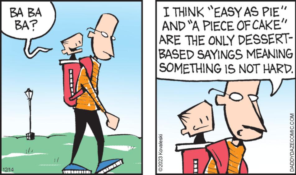 Font OCR: BA BA BA? 12/14 1/. I THINK "EASY AS PIE" AND "A PIECE OF CAKE" ARE THE ONLY DESSERT- BASED SAYINGS MEANING SOMETHING IS NOT HARD. ?2023 Kovaleski 8 ( DADDYDAZECOMIC.COM BA BA BA ? 12/14 1 / . I THINK " EASY AS PIE " AND " A PIECE OF CAKE " ARE THE ONLY DESSERT BASED SAYINGS MEANING SOMETHING IS NOT HARD . ?2023 Kovaleski 8 ( DADDYDAZECOMIC.COM