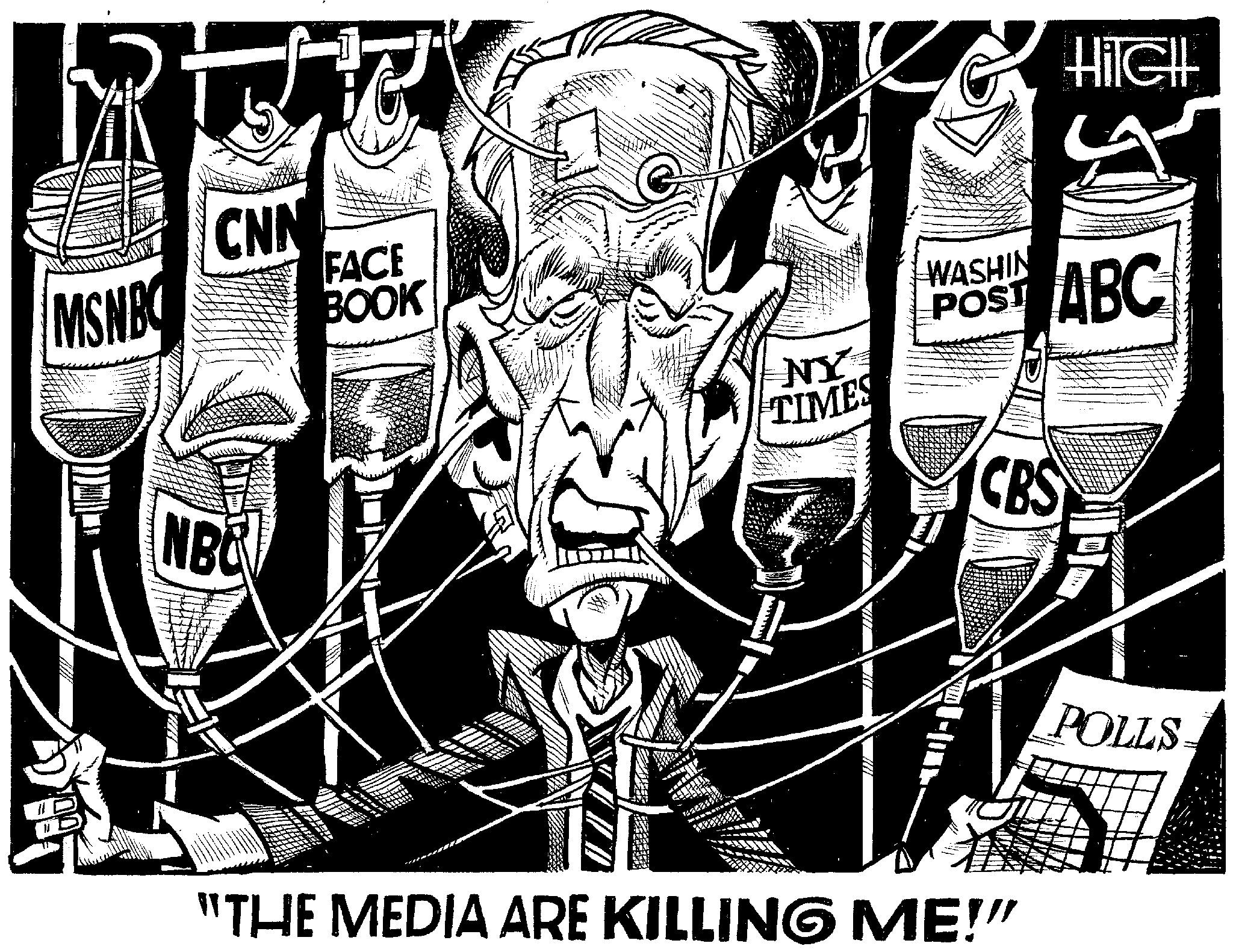 Monochrome OCR: MSNB DOL CNN NBE FACE BOOK 4014 NY TIMES HIGHL ? WASHIN POST ABC CBS "THE MEDIA ARE KILLING ME!" B POLLS MSNB DOL CNN NBE FACE BOOK 4014 NY TIMES HIGHL ? WASHIN POST ABC CBS " THE MEDIA ARE KILLING ME ! " B POLLS