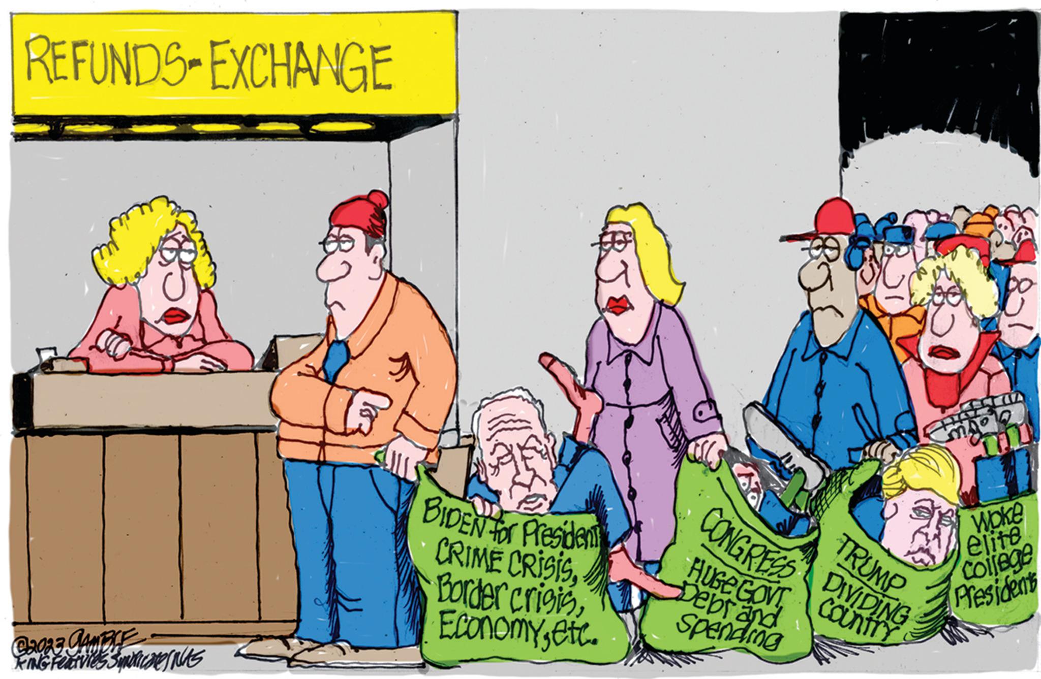 Fictional character OCR: REFUNDS-EXCHANGE C2023 GAMBLE KING Featvies SyndicatesNUS BIDEN for President CRIME CRISISetc. TRUMP CONGRESS DIVIDING Huse GOVT Debrand Spending AVA TU Woke elite College Presidents REFUNDS - EXCHANGE C2023 GAMBLE KING Featvies SyndicatesNUS BIDEN for President CRIME CRISISBorder crisisetc. TRUMP CONGRESS DIVIDING Huse GOVT Debrand Spending AVA TU Woke elite College Presidents