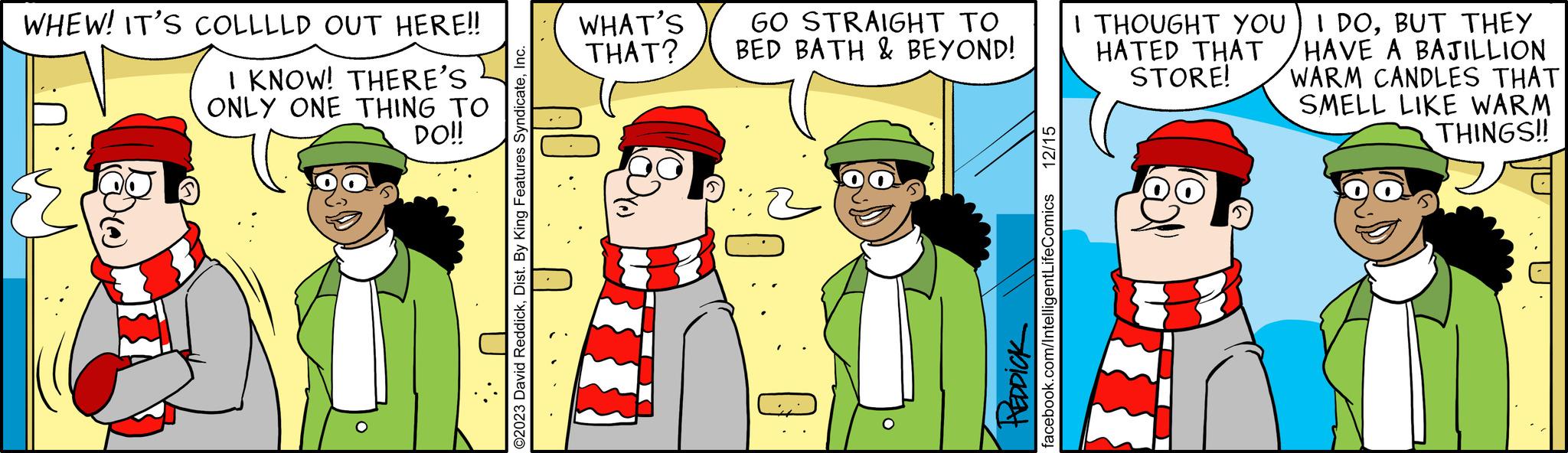 Rectangle OCR: WHEW! IT'S COLLLLD OUT HERE!! I KNOW! THERE'S ONLY ONE THING TO DO!! ning WHAT'S THAT? QU ©2023 David ReddickInc. U GO STRAIGHT TO BED BATH & BEYOND! B PREDDICK 12/15 facebook.com/IntelligentLifeComics I THOUGHT YOU HATED THAT STORE! I DOBUT THEY HAVE A BAJILLION WARM CANDLES THAT SMELL LIKE WARM THINGS!! WHEW ! IT'S COLLLLD OUT HERE !! I KNOW ! THERE'S ONLY ONE THING TO DO !! ning WHAT'S THAT ? QU © 2023 David ReddickDist . By King Features SyndicateInc. U GO STRAIGHT TO BED BATH & BEYOND ! B PREDDICK 12/15 facebook.com/IntelligentLifeComics I THOUGHT YOU HATED THAT STORE ! I DOBUT THEY HAVE A BAJILLION WARM CANDLES THAT SMELL LIKE WARM THINGS !!