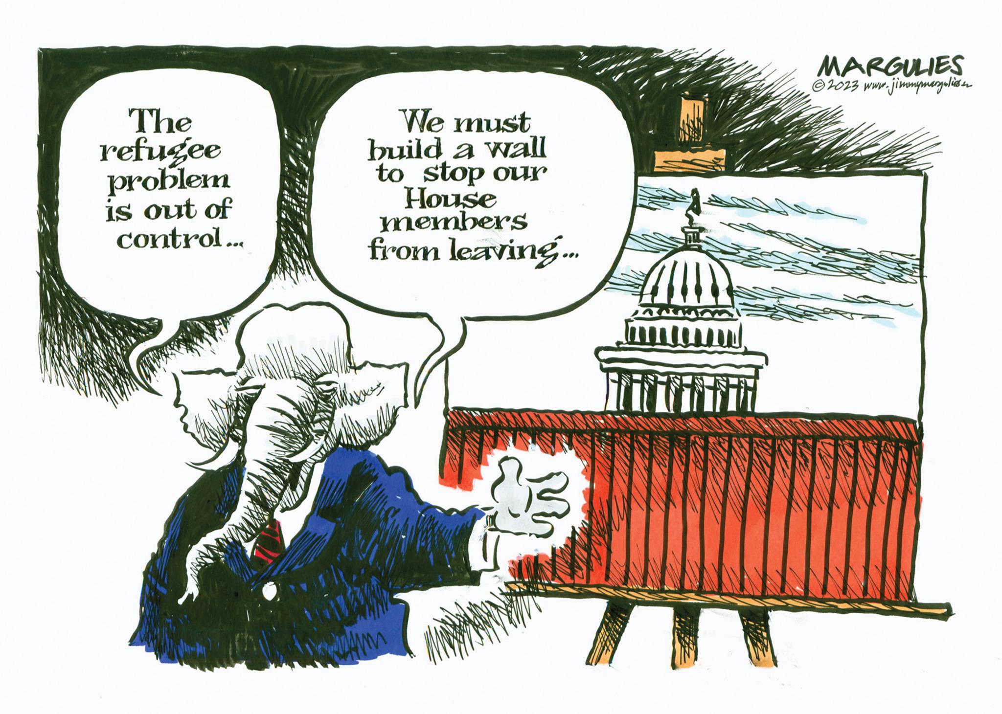 Fiction OCR: The refugee problem is out of control... WA We must build a wall to stop our House members from leaving... m ? tifi MARGULIES ?2023 www.jimmymargulies en The refugee problem is out of control ... WA We must build a wall to stop our House members from leaving ... m ? tifi MARGULIES ?2023 www.jimmymargulies en