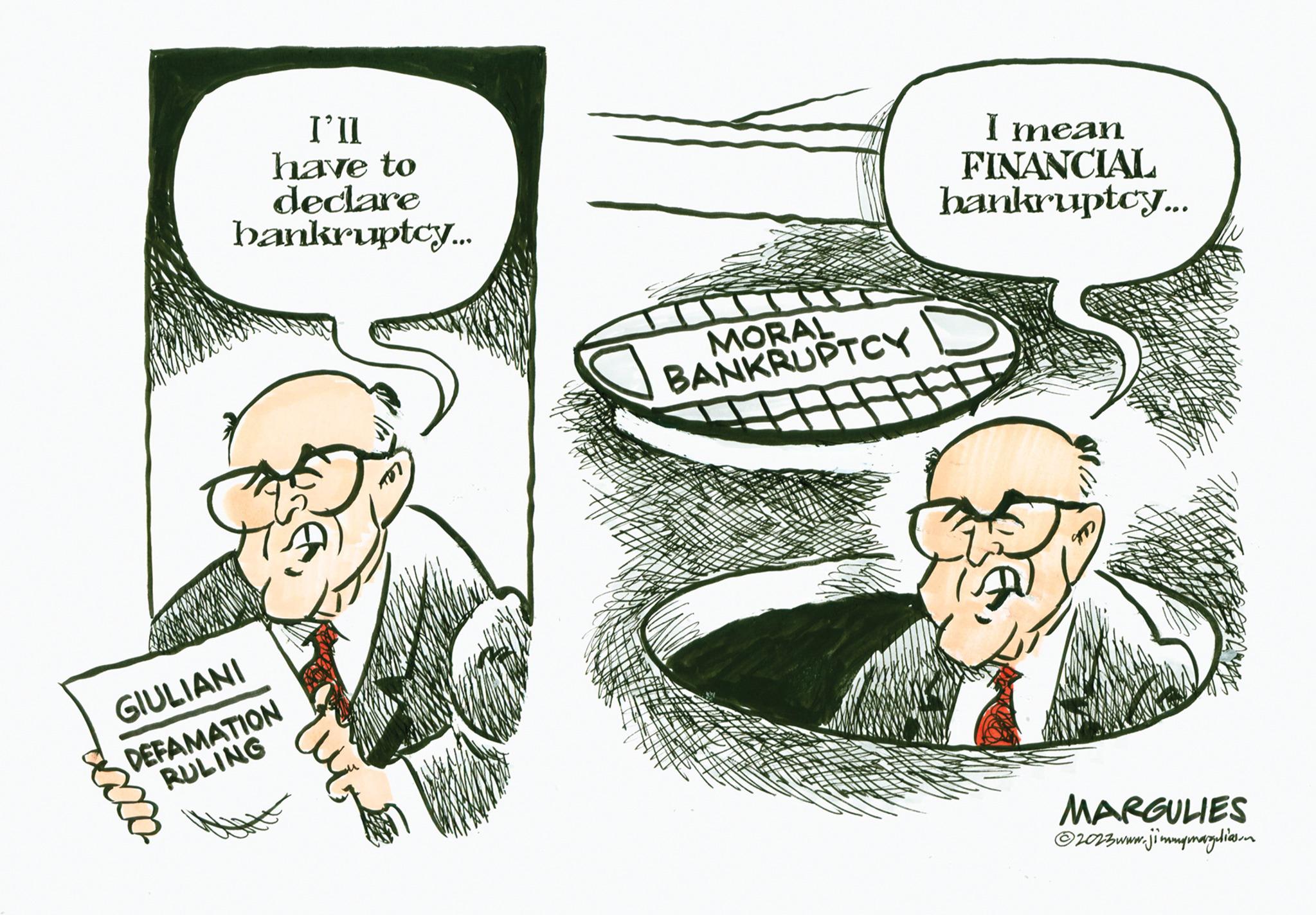 Font OCR: I'll have to declare bankruptcy.... GIULIANI DEFAMATION RULING wit BANKRUPTCY I mean FINANCIAL bankruptcy... MARGULIES ?2023 www.jimmymargelias.com I'll have to declare bankruptcy .... GIULIANI DEFAMATION RULING wit BANKRUPTCY I mean FINANCIAL bankruptcy ... MARGULIES ?2023 www.jimmymargelias.com