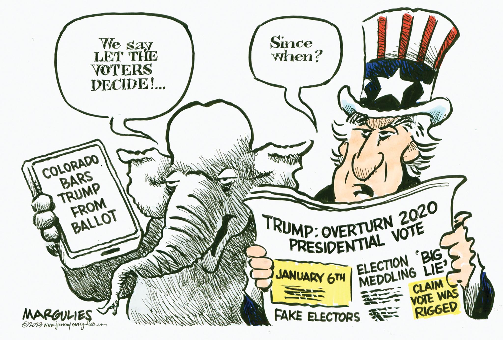 Conversation OCR: We say LET THE VOTERS DECIDE!... COLORADO BARS TRUMP FROM BALLOT MARGULIES ?2023 www.jimmy marg.lies.com Since when? TRUMP: OVERTURN 2020 PRESIDENTIAL VOTE JANUARY 6TH ELECTION BIG MEDDLING LIE FAKE ELECTORS CLAIM VOTE WAS RIGGED We say LET THE VOTERS DECIDE ! ... COLORADO BARS TRUMP FROM BALLOT MARGULIES ?2023 www.jimmy marg.lies.com Since when ? TRUMP : OVERTURN 2020 PRESIDENTIAL VOTE JANUARY 6TH ELECTION BIG MEDDLING LIE FAKE ELECTORS CLAIM VOTE WAS RIGGED