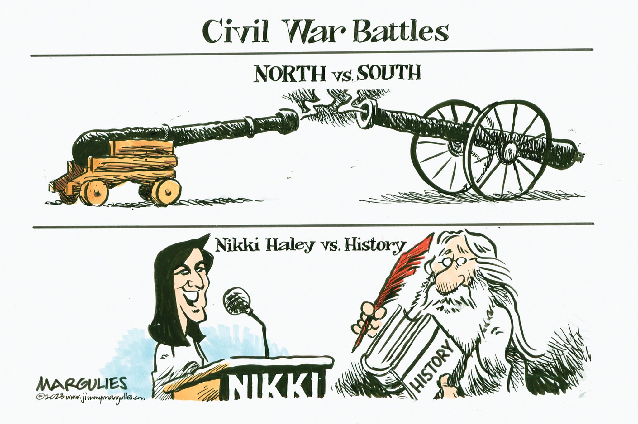 Automotive exterior OCR: MARGULIES ?2023 www.jimmymargulies.com Civil War Battles NORTH VS. SOUTH Nikki Haley vs. History NIKKI 1211 HISTORY MARGULIES ?2023 www.jimmymargulies.com Civil War Battles NORTH VS. SOUTH Nikki Haley vs. History NIKKI 1211 HISTORY