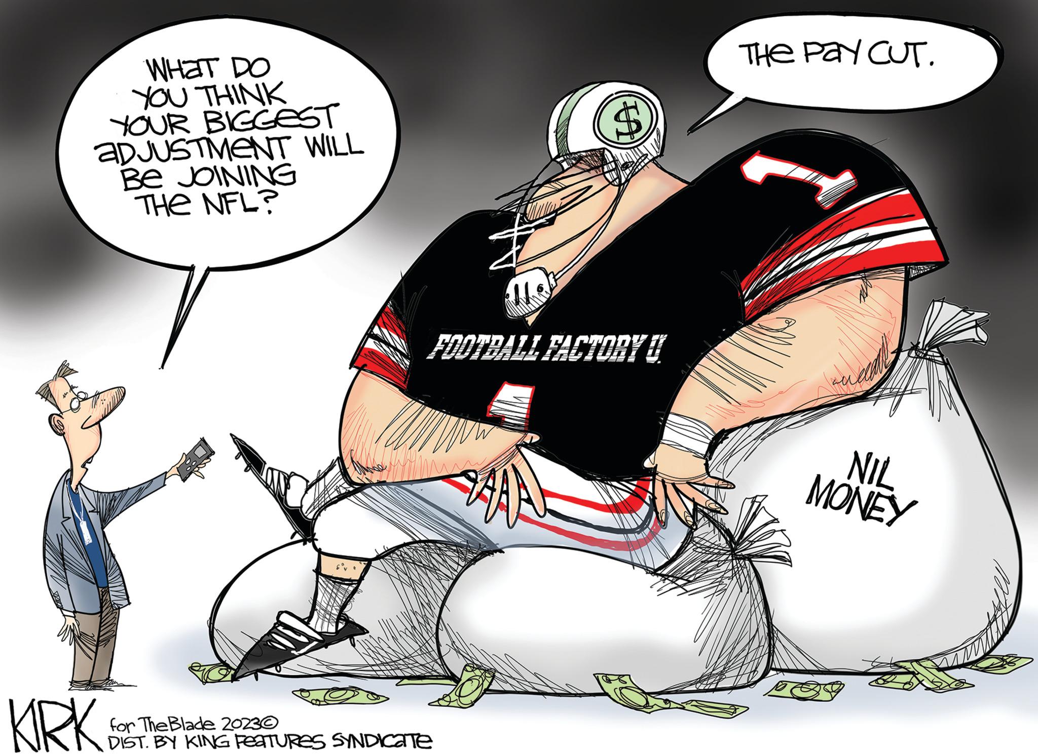 Human leg OCR: WHAT DO YOU THINK YOUR BIGGEST ADJUSTMENT WILL BE JOINING THE NFL? $ THE PAY CUT. KRK FOOTBALL FACTORY! for The Blade 20230 DIST. BY KING FEATURES SYNDICATE NIL MONEY WHAT DO YOU THINK YOUR BIGGEST ADJUSTMENT WILL BE JOINING THE NFL ? $ THE PAY CUT . KRK FOOTBALL FACTORY ! for The Blade 20230 DIST . BY KING FEATURES SYNDICATE NIL MONEY