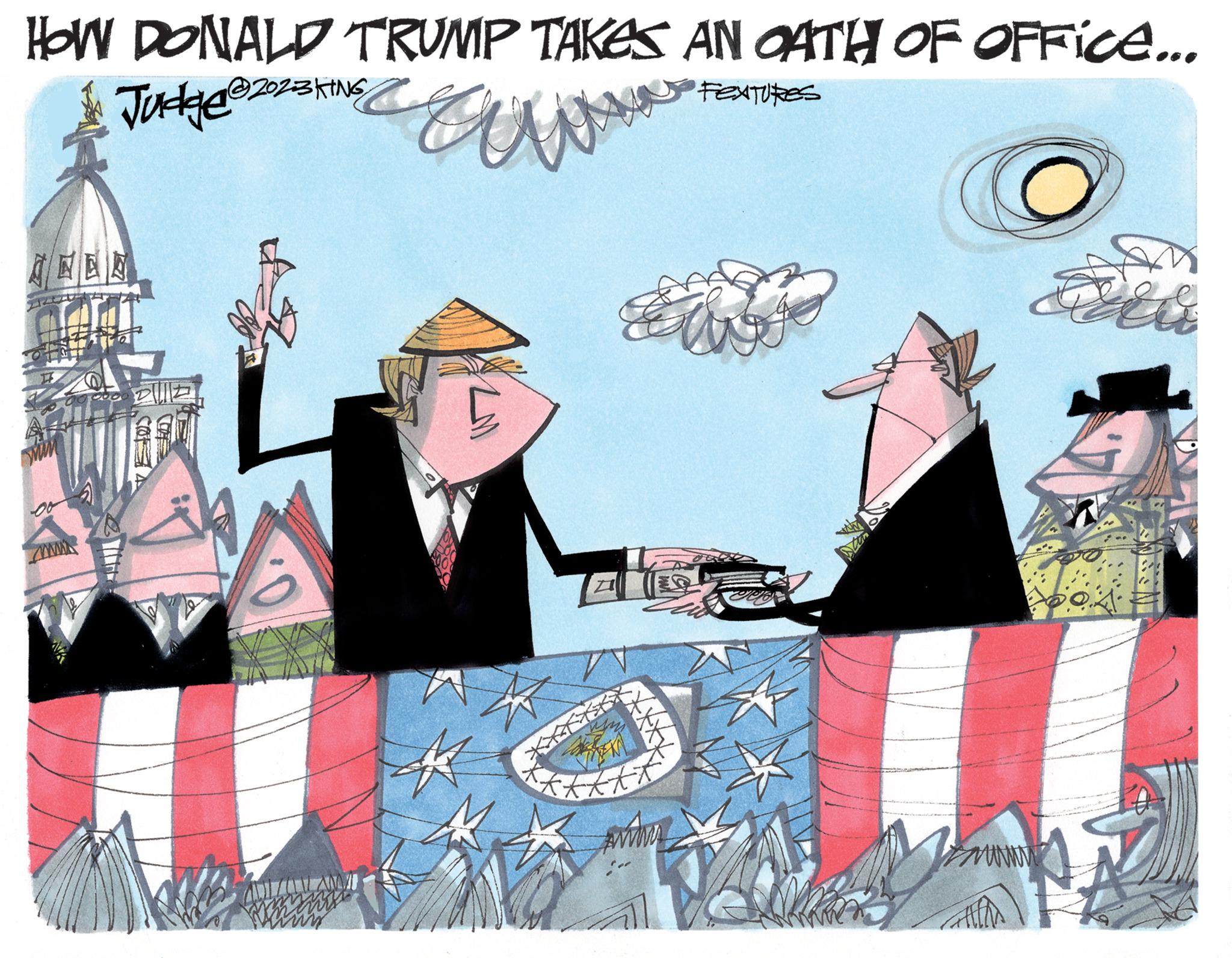 Pattern OCR: HOW DONALD TRUMP TAKES AN OATH OF OFFICEe... 023 KING FENTURES Judge@202€ E A MAM BE www www www HOW DONALD TRUMP TAKES AN OATH OF OFFICEe ... 023 KING FENTURES Judge @ 202 € E A MAM BE www www www