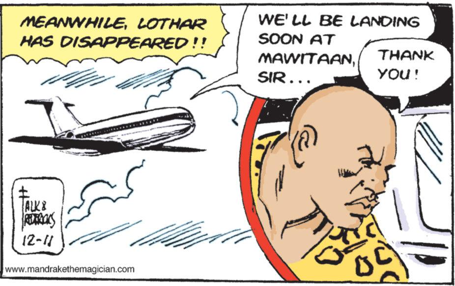 Illustration OCR: MEANWHILELOTHAR HAS DISAPPEARED!! H RETRICKS 12-11 ? **** www.mandrakethemagician.com 431** WE'LL BE LANDING SOON AT MAWITAANSIR... dek THANK YOU! 01 MEANWHILELOTHAR HAS DISAPPEARED !! H RETRICKS 12-11 ? **** www.mandrakethemagician.com 431 ** WE'LL BE LANDING SOON AT MAWITAANSIR ... dek THANK YOU ! 01