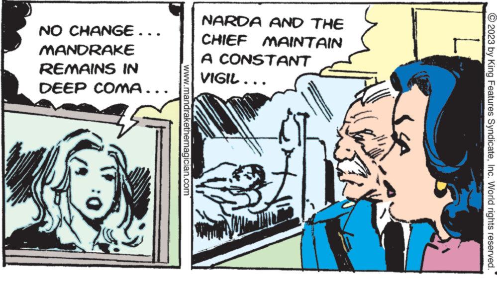Comic book OCR: NO CHANGE... MANDRAKE REMAINS IN DEEP COMA... www.mandrakethemagician.com NARDA AND THE CHIEF MAINTAIN A CONSTANT VIGIL... © 2023 by King Features SyndicateInc. World rights reserved. NO CHANGE ... MANDRAKE REMAINS IN DEEP COMA ... www.mandrakethemagician.com NARDA AND THE CHIEF MAINTAIN A CONSTANT VIGIL ... © 2023 by King Features SyndicateInc. World rights reserved .