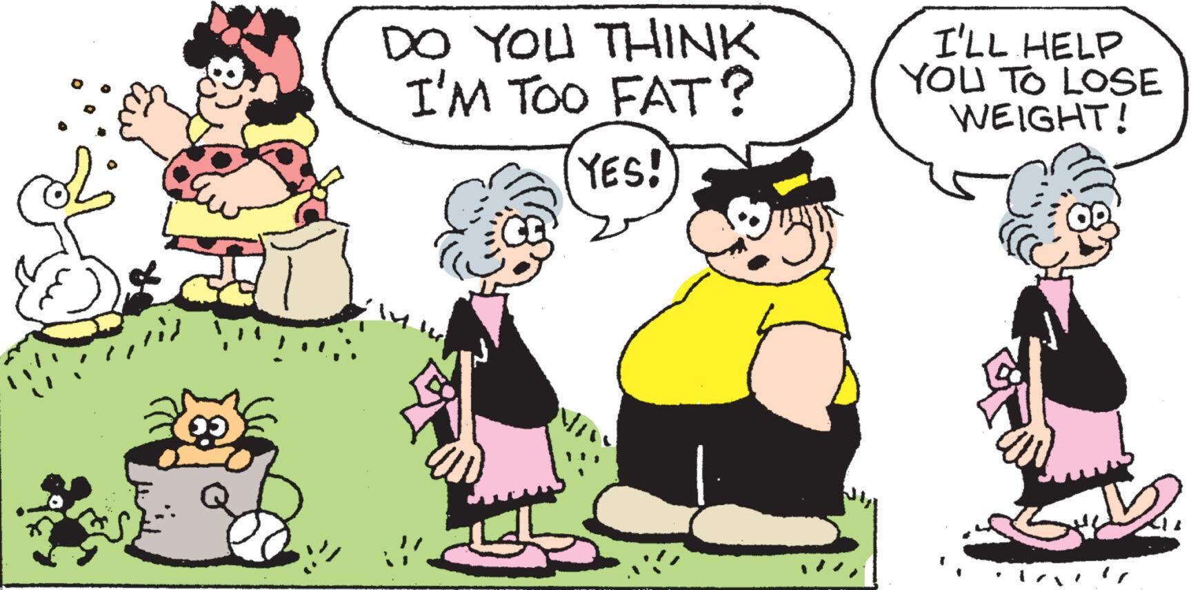 Line OCR: DO YOU THINK I'M TOO FAT? YES! I'LL HELP YOU TO LOSE WEIGHT! DO YOU THINK I'M TOO FAT ? YES ! I'LL HELP YOU TO LOSE WEIGHT !