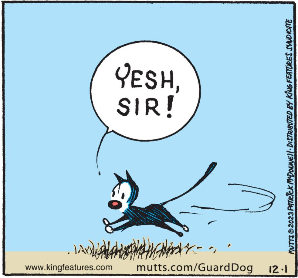 Parallel OCR: www.kingfeatures.com LAWA j mutts.com/Guard Dog 12.1 SIR! ESHMUTYS © 2023 PATRICK MYDOWNE||· DISTRIBUTED BY KING FEATURES SYNDICATE www.kingfeatures.com LAWA j mutts.com/Guard Dog 12.1 SIR ! ESHMUTYS © 2023 PATRICK MYDOWNE || · DISTRIBUTED BY KING FEATURES SYNDICATE