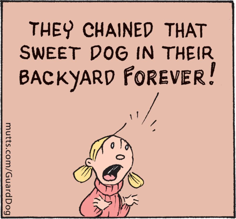 Drawing OCR: mutts.com/Guard Dog THEY CHAINED THAT SWEET DOG IN THEIR BACKYARD FOREVER! mutts.com/Guard Dog THEY CHAINED THAT SWEET DOG IN THEIR BACKYARD FOREVER !