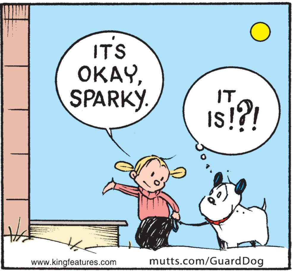 Line OCR: ITS OKAYSPARKY. www.kingfeatures.com O IT IS!?! mutts.com/Guard Dog ITS OKAYSPARKY . www.kingfeatures.com O IT IS ! ? ! mutts.com/Guard Dog