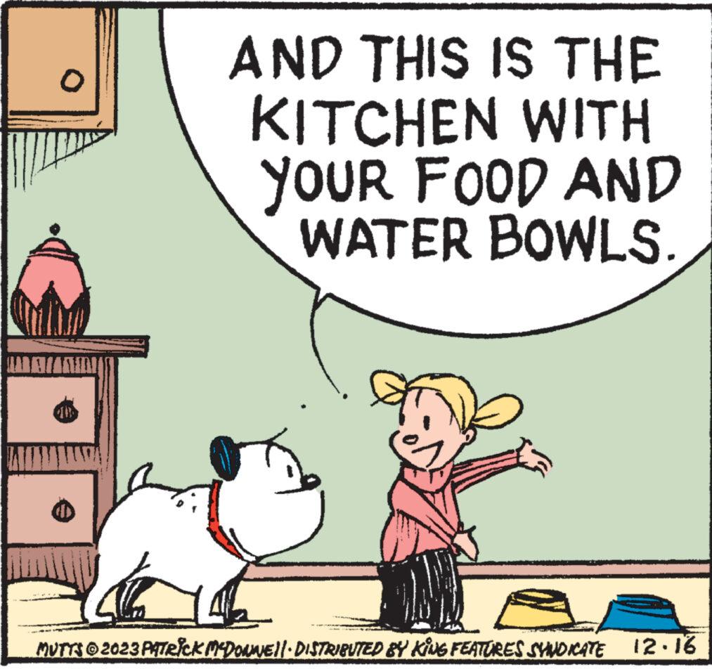 Font OCR: O HARKIKAMILI AND THIS IS THE KITCHEN WITH YOUR FOOD AND WATER BOWLS. 4 MUTTS © 2023 PATRICK MCDONNE||· DISTRIBUTED BY KING FEATURES SYNDICATE 12.16 WEDD O HARKIKAMILI AND THIS IS THE KITCHEN WITH YOUR FOOD AND WATER BOWLS . 4 MUTTS © 2023 PATRICK MCDONNE || · DISTRIBUTED BY KING FEATURES SYNDICATE 12.16 WEDD