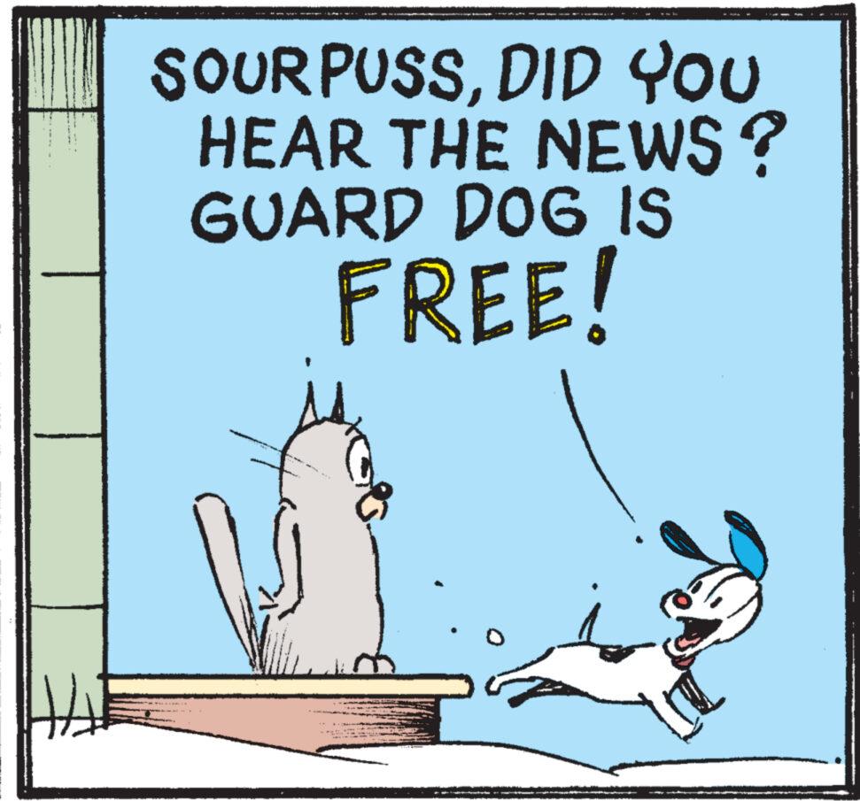 Art OCR: H SOURPUSSDID YOU HEAR THE NEWS? GUARD DOG IS FREE! d H SOURPUSSDID YOU HEAR THE NEWS ? GUARD DOG IS FREE ! d