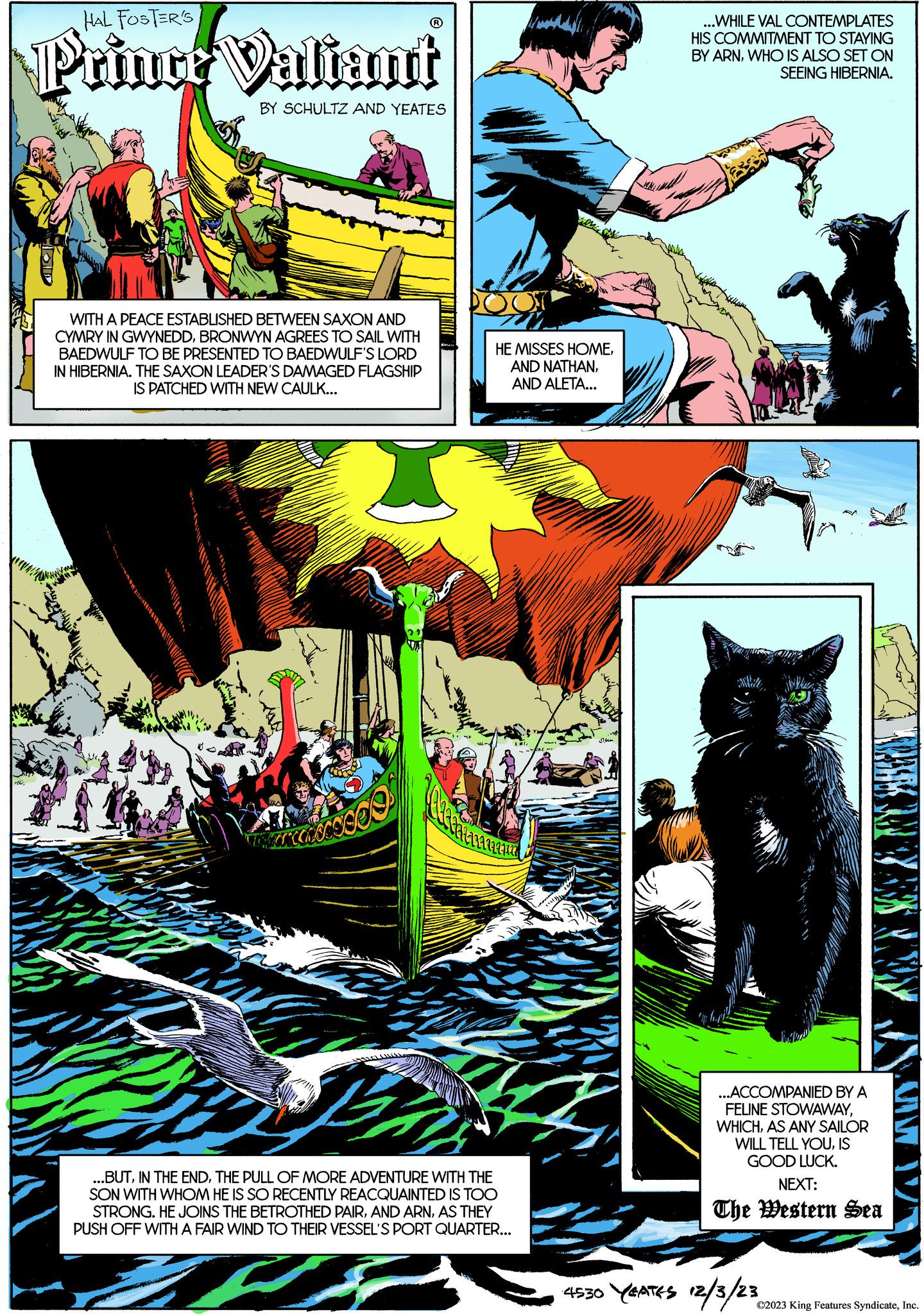 Terrestrial animal OCR: HAL FOSTER'S Prince Valiant BY SCHULTZ AND YEATES WITH A PEACE ESTABLISHED BETWEEN SAXON AND CYMRY IN GWYNEDDBRONWYN AGREES TO SAIL WITH BAEDWULF TO BE PRESENTED TO BAEDWULF'S LORD IN HIBERNIA. THE SAXON LEADER'S DAMAGED FLAGSHIP IS PATCHED WITH NEW CAULK... acas HE MISSES HOMEAND ALETA... a la za ma ...BUTTHE PULL OF MORE ADVENTURE WITH THE SON WITH WHOM HE IS SO RECENTLY REACQUAINTED IS TOO STRONG. HE JOINS THE BETROTHED PAIRAS THEY PUSH OFF WITH A FAIR WIND TO THEIR VESSEL'S PORT QUARTER... THE Sitem 4530 YEATES HIS ...WHILE VAL CONTEMPLATES COMMITMENT TO STAYING BY ARNWHO IS ALSO SET ON SEEING HIBERNIA. ...ACCOMPANIED BY A FELINE STOWAWAYAS ANY SAILOR WILL TELL YOUIS GOOD LUCK. NEXT: The Western Sea 12/3/23 ©2023 King Features SyndicateInc. HAL FOSTER'S Prince Valiant BY SCHULTZ AND YEATES WITH A PEACE ESTABLISHED BETWEEN SAXON AND CYMRY IN GWYNEDDBRONWYN AGREES TO SAIL WITH BAEDWULF TO BE PRESENTED TO BAEDWULF'S LORD IN HIBERNIA . THE SAXON LEADER'S DAMAGED FLAGSHIP IS PATCHED WITH NEW CAULK ... acas HE MISSES HOMEAND NATHANAND ALETA ... a la za ma ... BUTIN THE ENDTHE PULL OF MORE ADVENTURE WITH THE SON WITH WHOM HE IS SO RECENTLY REACQUAINTED IS TOO STRONG . HE JOINS THE BETROTHED PAIRAND ARNAS THEY PUSH OFF WITH A FAIR WIND TO THEIR VESSEL'S PORT QUARTER ... THE Sitem 4530 YEATES HIS ... WHILE VAL CONTEMPLATES COMMITMENT TO STAYING BY ARNWHO IS ALSO SET ON SEEING HIBERNIA . ... ACCOMPANIED BY A FELINE STOWAWAYAS ANY SAILOR WILL TELL YOUIS GOOD LUCK . NEXT : The Western Sea 12/3/23 © 2023 King Features Syndicate