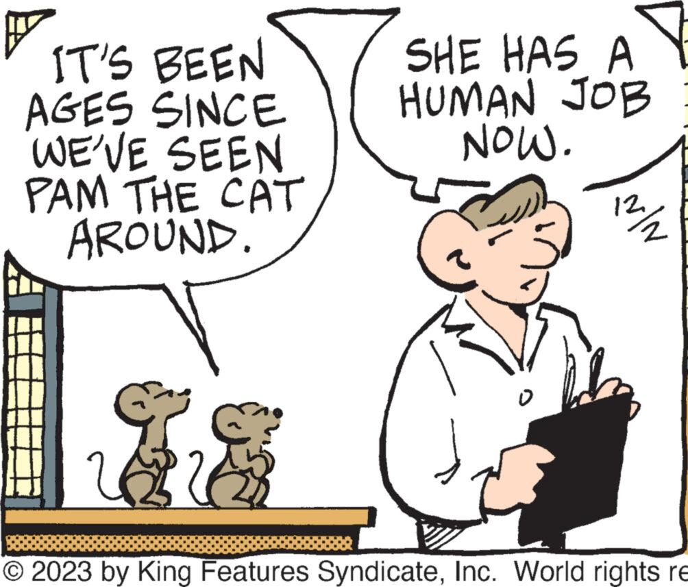 Interaction OCR: B IT'S BEEN AGES SINCE WE'VE SEEN PAM THE CAT AROUND. SHE HAS A HUMAN JOB NOW. 12/2 © 2023 by King Features SyndicateInc. World rights re B IT'S BEEN AGES SINCE WE'VE SEEN PAM THE CAT AROUND . SHE HAS A HUMAN JOB NOW . 12/2 © 2023 by King Features SyndicateInc. World rights re