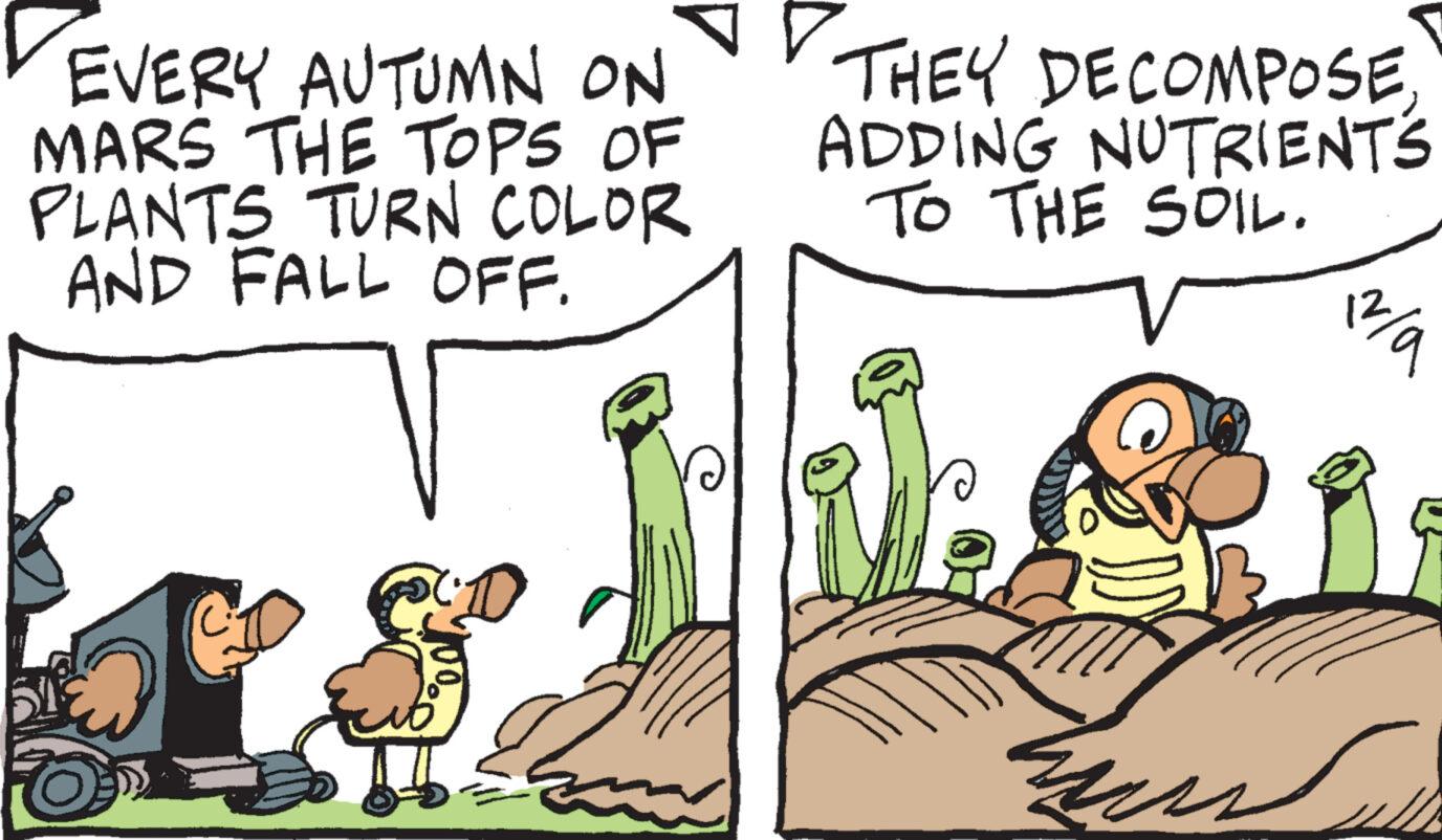 Adaptation OCR: EVERY AUTUMN ON MARS THE TOPS OF PLANTS TURN COLOR AND FALL OFF. THEY DECOMPOSEADDING NUTRIENTS TO THE SOIL. 12/9 EVERY AUTUMN ON MARS THE TOPS OF PLANTS TURN COLOR AND FALL OFF . THEY DECOMPOSEADDING NUTRIENTS TO THE SOIL . 12/9