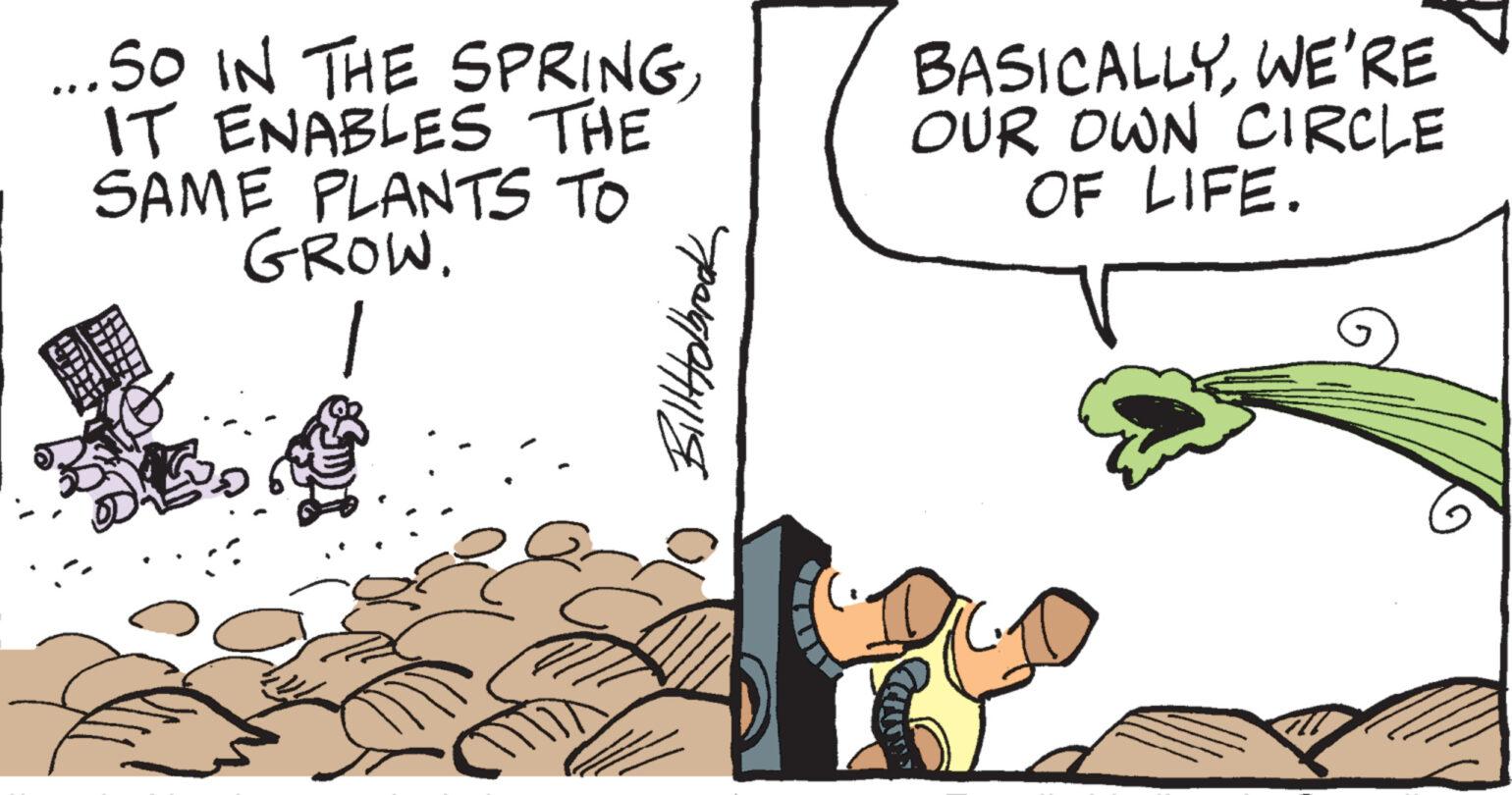 Drawing OCR: ...SO IN THE SPRINGIT ENABLES THE SAME PLANTS TO GROW. Co Bill Holbrook BASICALLYWE'RE OUR OWN CIRCLE OF LIFE. ... SO IN THE SPRINGIT ENABLES THE SAME PLANTS TO GROW . Co Bill Holbrook BASICALLYWE'RE OUR OWN CIRCLE OF LIFE .