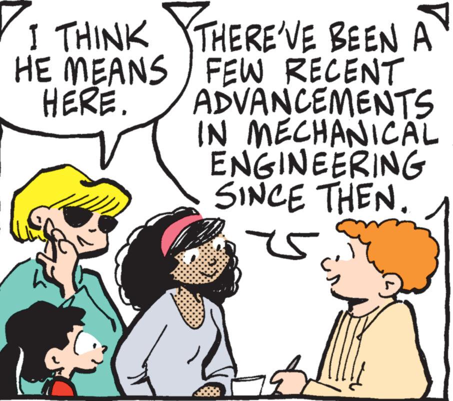 Mammal OCR: I THINK HE MEANS HERE. THERE'VE BEEN A / FEW RECENT ADVANCEMENTS IN MECHANICAL ENGINEERING SINCE THEN. ? r ? I THINK HE MEANS HERE . THERE'VE BEEN A / FEW RECENT ADVANCEMENTS IN MECHANICAL ENGINEERING SINCE THEN . ? r ?