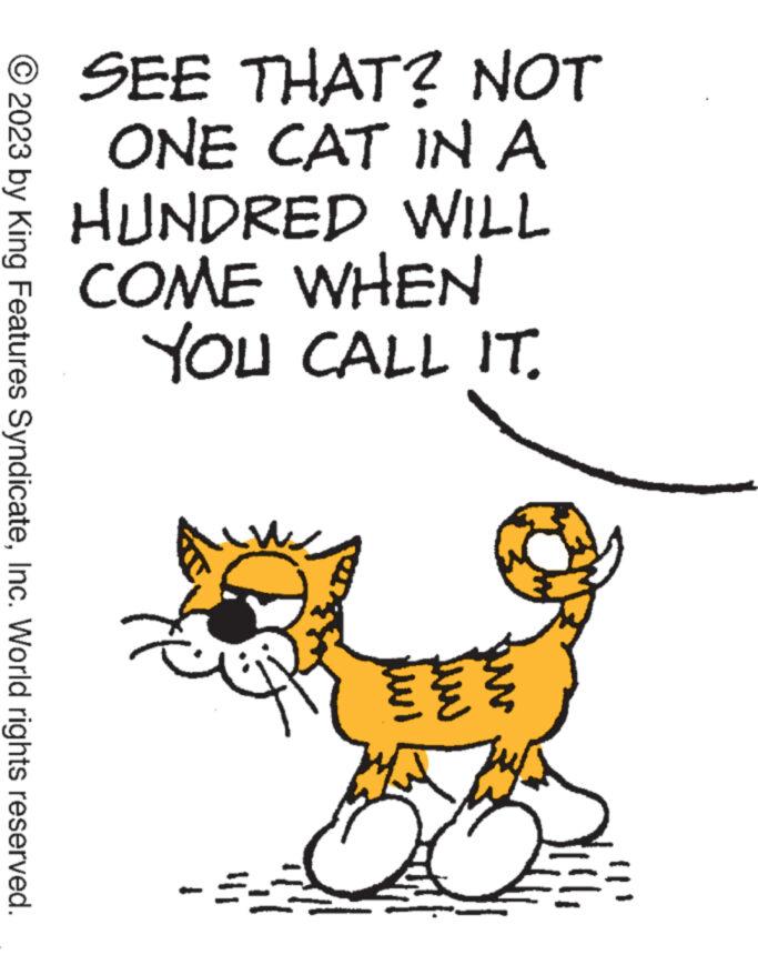 Slope OCR: 2023 by King Features SyndicateInc. World rights reserved. SEE THAT? NOT ONE CAT IN A HUNDRED WILL COME WHEN YOU CALL IT. Mi Q 2023 by King Features SyndicateInc. World rights reserved . SEE THAT ? NOT ONE CAT IN A HUNDRED WILL COME WHEN YOU CALL IT . Mi Q