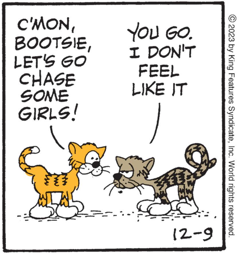 Sharing OCR: C'MONBOOTSIE LET'S GO CHASE SOME GIRLS! ST = YOU GO. I DON'T FEEL LIKE IT ME ? B 12-9 2023 by King Features SyndicateInc. World rights reserved. C'MONBOOTSIE LET'S GO CHASE SOME GIRLS ! ST = YOU GO . I DON'T FEEL LIKE IT ME ? B 12-9 2023 by King Features SyndicateInc. World rights reserved .