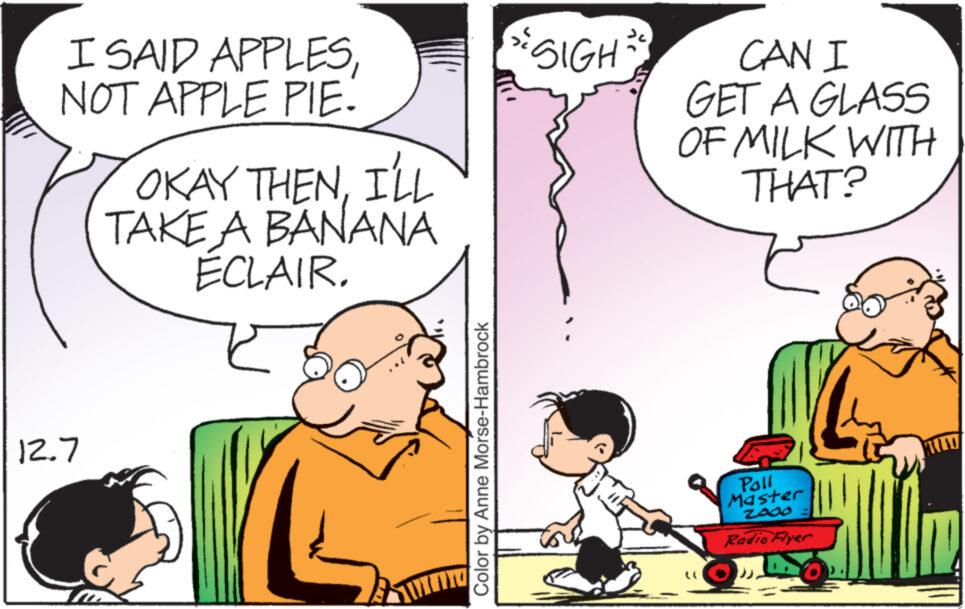 Mammal OCR: I SAID APPLESNOT APPLE PIE. 12.7 OKAY THENI'LL TAKE A BANANA ÉCLAIR. Color by Anne Morse-Hambrock SIGH CAN I GET A GLASS OF MILK WITH THAT? Poll Master 2000 = Radio Flyer TELD I SAID APPLESNOT APPLE PIE . 12.7 OKAY THENI'LL TAKE A BANANA ÉCLAIR . Color by Anne Morse - Hambrock SIGH CAN I GET A GLASS OF MILK WITH THAT ? Poll Master 2000 = Radio Flyer TELD