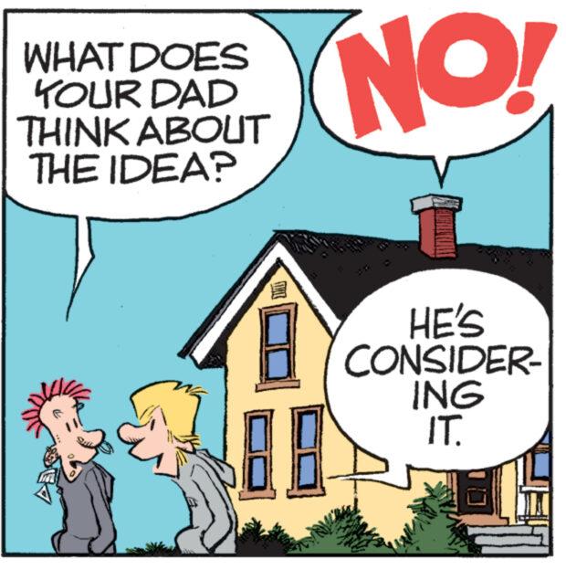Sharing OCR: WHAT DOES YOUR DAD THINK ABOUT THE IDEA? www wwwww NO! HE'S CONSIDER- ING IT. WHAT DOES YOUR DAD THINK ABOUT THE IDEA ? www wwwww NO ! HE'S CONSIDER ING IT .