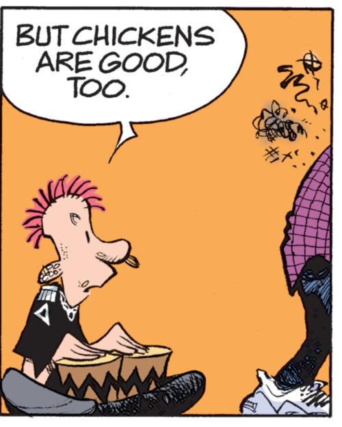 Humour OCR: BUT CHICKENS ARE GOODTOO. am # BUT CHICKENS ARE GOODTOO . am #
