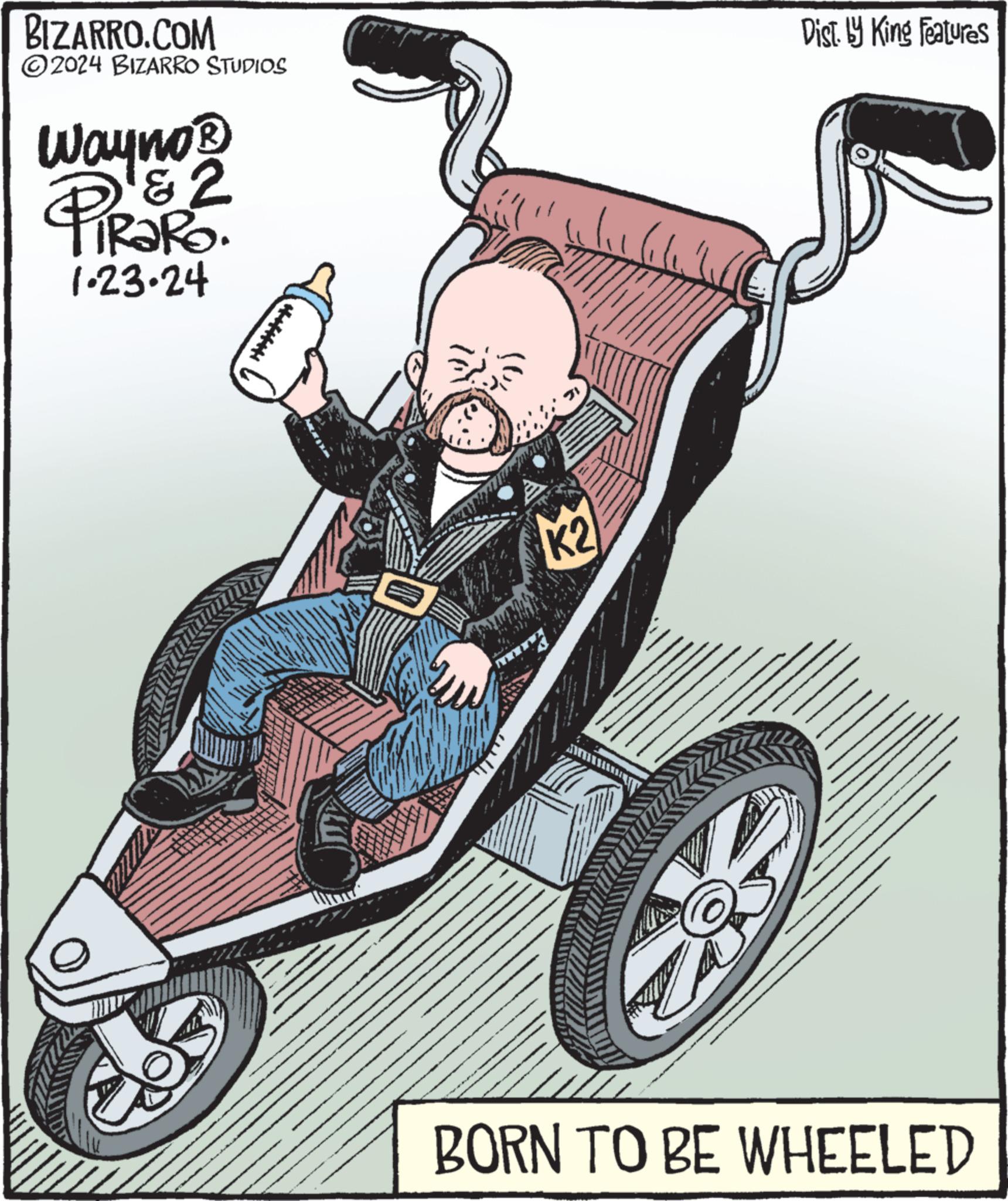 Automotive wheel system OCR: BIZARRO.COM ?2024 BIZARRO STUDIOS Wayno? gº 1.23-24 S 53% K2 lilil Dist. by King Features BORN TO BE WHEELED BIZARRO.COM ?2024 BIZARRO STUDIOS Wayno? gº 1.23-24 S 53 % K2 lilil Dist . by King Features BORN TO BE WHEELED