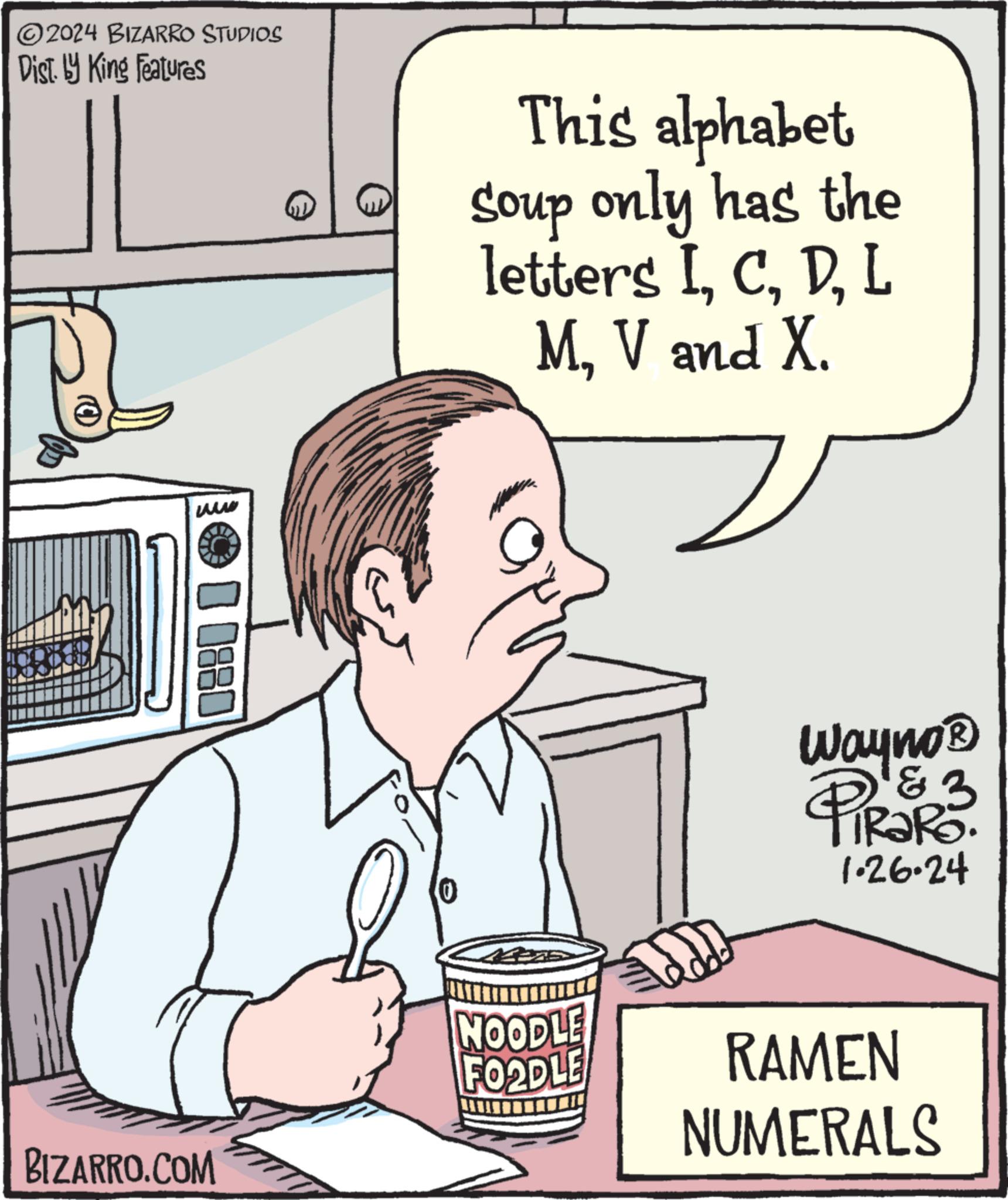 Sharing OCR: ?2024 BIZARRO STUDIOS Dist. by King Features ? WALA 00880 BIZARRO.COM (0 This alphabet Soup only has the letters IL MV and X. Ol NOODLE FO2DLE Wayno ? & PIROR 3. 1.26-24 RAMEN NUMERALS ?2024 BIZARRO STUDIOS Dist . by King Features ? WALA 00880 BIZARRO.COM ( 0 This alphabet Soup only has the letters IL MV and X. Ol NOODLE FO2DLE Wayno ? & PIROR 3 . 1.26-24 RAMEN NUMERALS