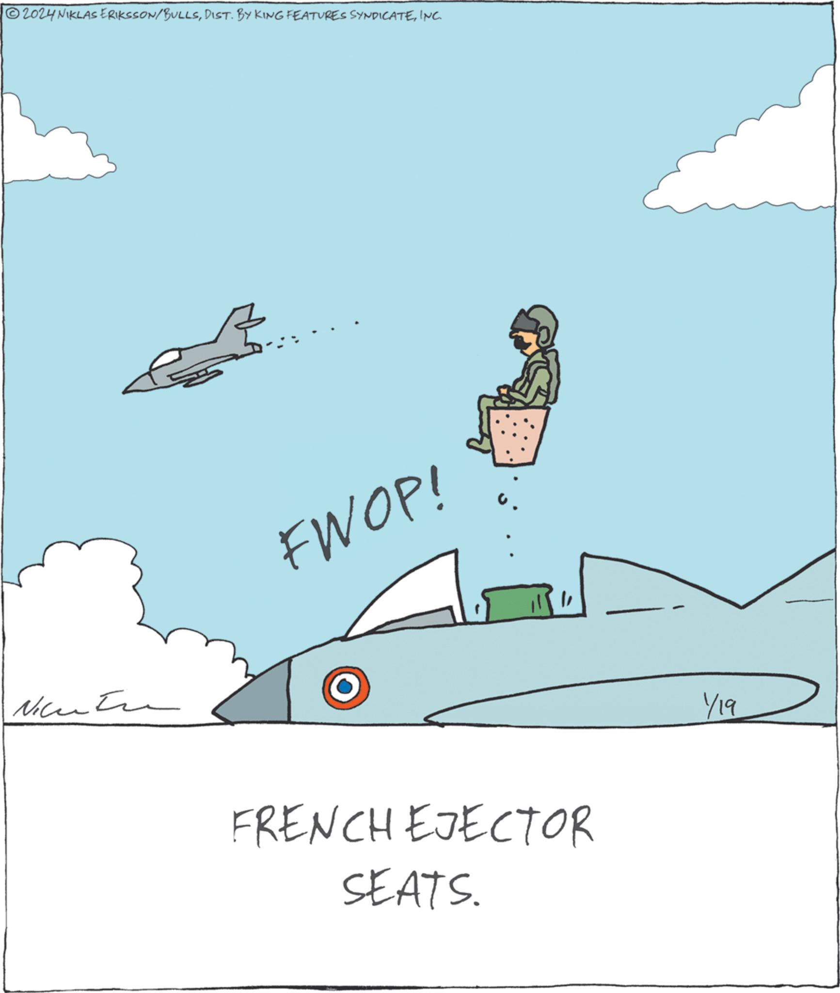 Illustration OCR: 2024 NIKLAS ERIKSSON/BULLSINC. Nutre FWOP! "1 FRENCH EJECTOR SEATS. 119 2024 NIKLAS ERIKSSON / BULLSDIST . BY KING FEATURES SYNDICATEINC . Nutre FWOP ! " 1 FRENCH EJECTOR SEATS . 119