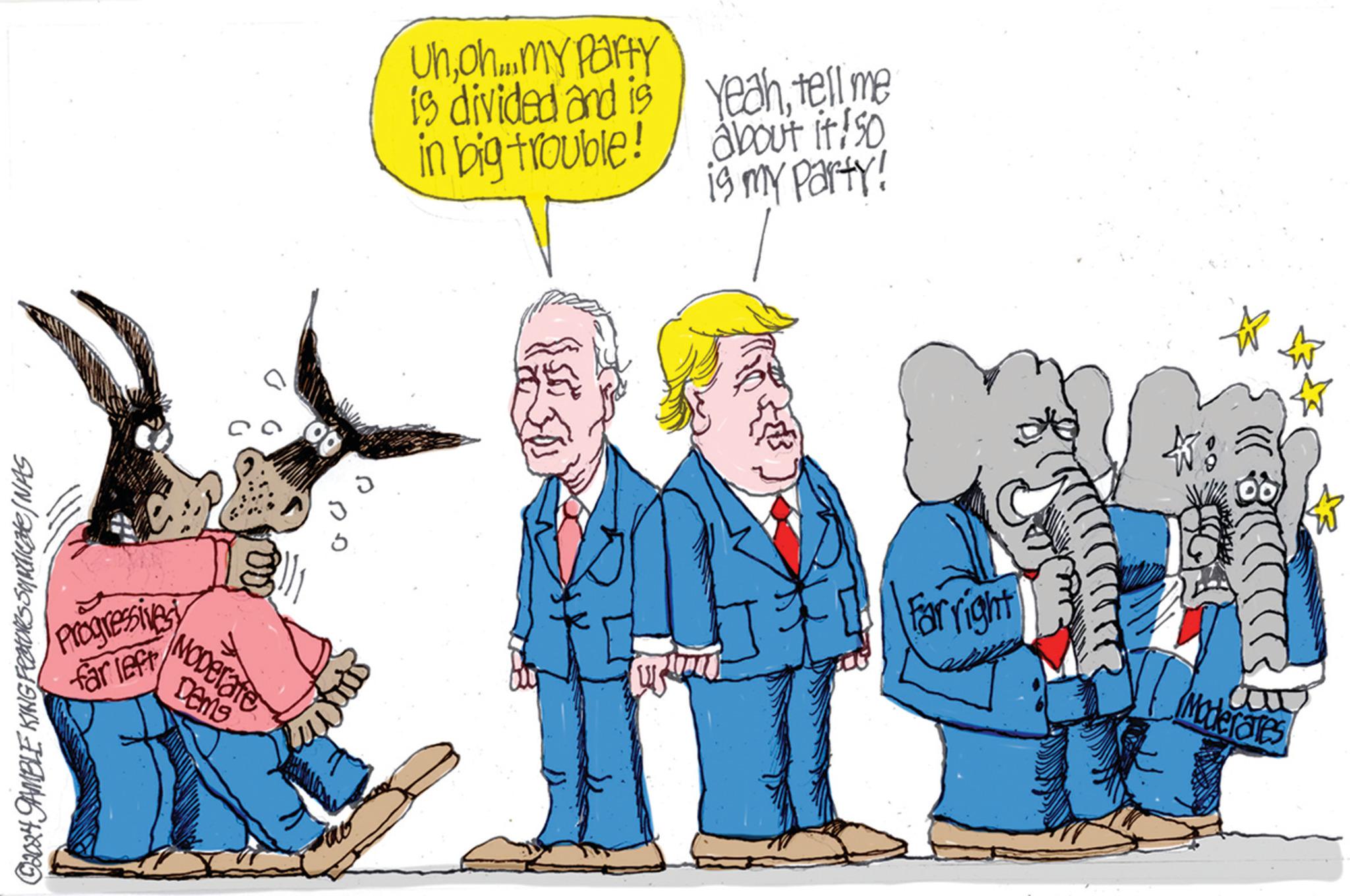 Drawing OCR: C2024 GAMBLE KING Features Syndicate /NAS Progressives far left Moderate Dems 100 Uhoh... my Party is divided and is in big trouble! Yeahtell me about it 150 is my party! wypa Far right (!!? ** Moderates C2024 GAMBLE KING Features Syndicate / NAS Progressives far left Moderate Dems 100 Uhoh ... my Party is divided and is in big trouble ! Yeahtell me about it 150 is my party ! wypa Far right ( !! ? ** Moderates