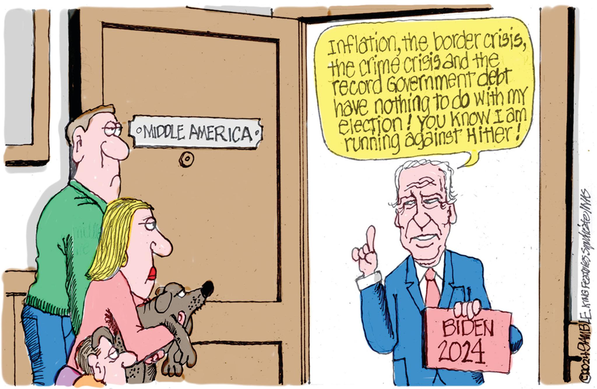Conversation OCR: MIDDLE AMERICA Inflationthe crime crisis and the record Government debt have nothing to do with my election! You know I am running against Hitler! are BIDEN 2024 Alexapolis cause C0024 JAMBLEKING Feature MIDDLE AMERICA Inflationthe border crisisthe crime crisis and the record Government debt have nothing to do with my election ! You know I am running against Hitler ! are BIDEN 2024 Alexapolis cause C0024 JAMBLEKING Feature