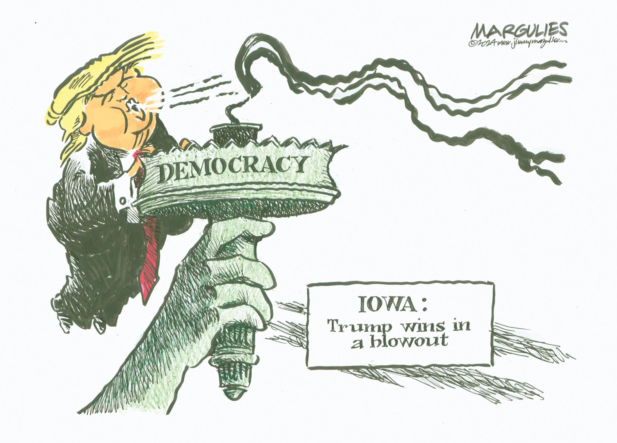 Fish OCR: DEMOCRACY MARGULIES ?2024 www.jimmymargulier.om IOWA: Trump wins in a blowout DEMOCRACY MARGULIES ?2024 www.jimmymargulier.om IOWA : Trump wins in a blowout