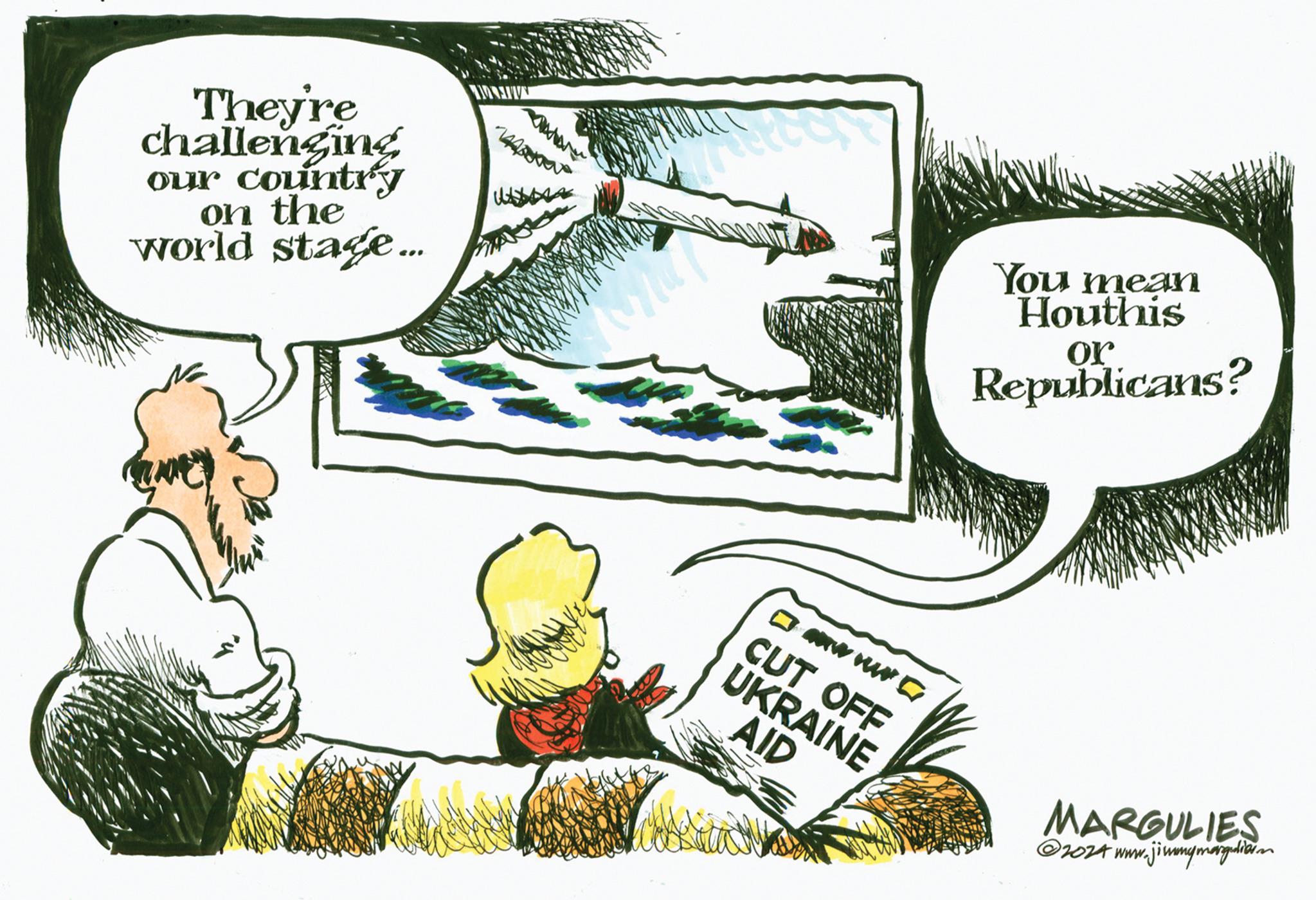 Line OCR: They're challenging our country on the world stage... 1445 wwwG CUT OFF UKRAINE AID You mean Houthis or Republicans? MARGULIES ?2024 www. www.jimmymargudiar.m They're challenging our country on the world stage ... 1445 wwwG CUT OFF UKRAINE AID You mean Houthis or Republicans ? MARGULIES ?2024 www . www.jimmymargudiar.m