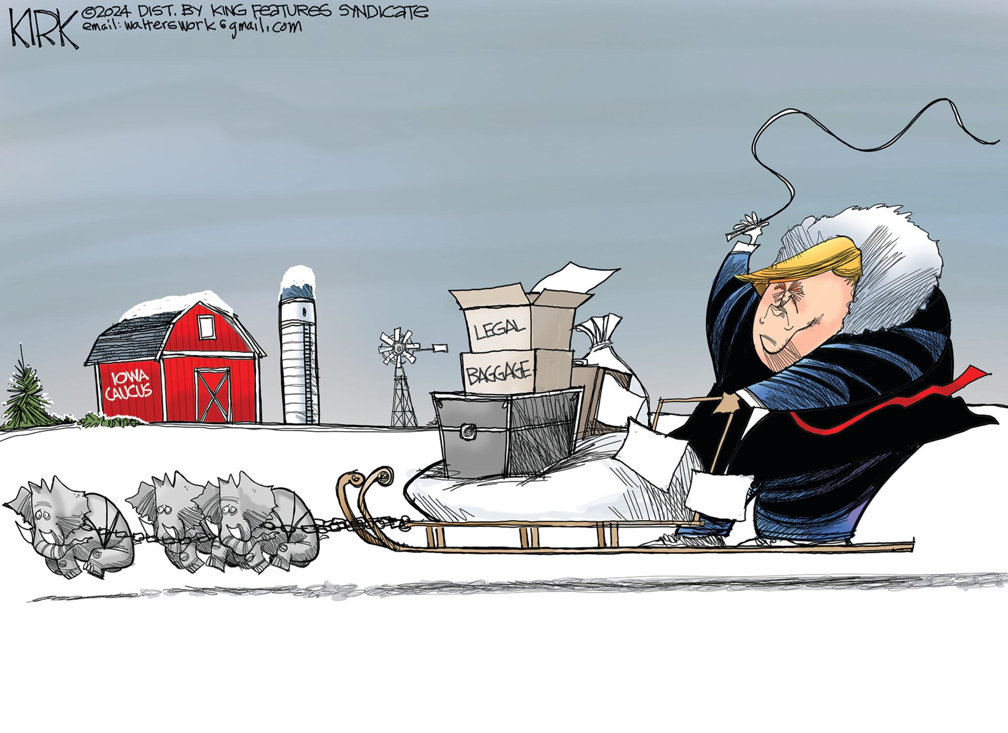 Graphics OCR: KIRK 2024 DIST. BY KING FEATURES SYNDICATE email: Walters work 6gmail.com IOWA CAUCUS LEGAL BAGGAGE KIRK 2024 DIST . BY KING FEATURES SYNDICATE email : Walters work 6gmail.com IOWA CAUCUS LEGAL BAGGAGE