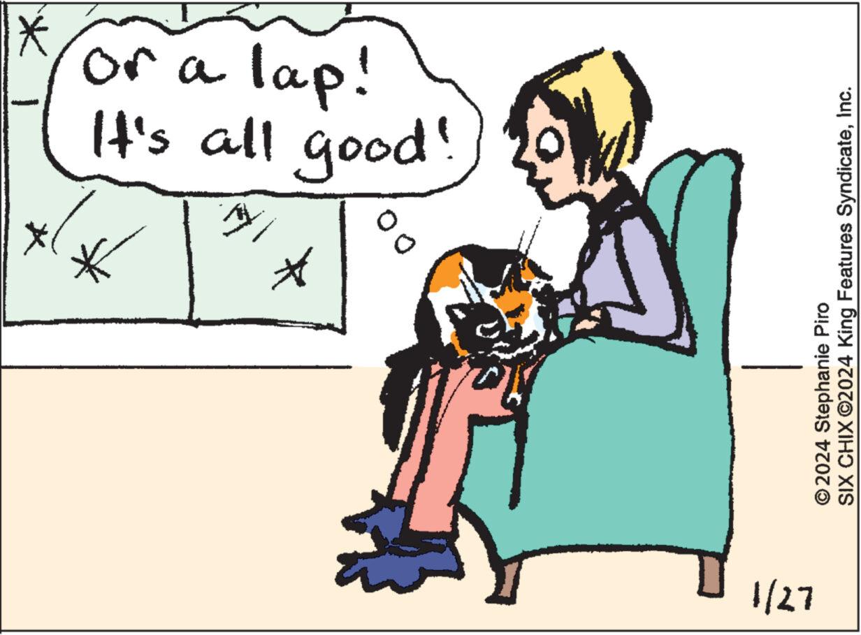 Conversation OCR: 1/27 ? * A % It's all good! * or a lap! ?2024 Stephanie Piro SIX CHIX ©2024 King Features SyndicateInc. 1/27 ? * A % It's all good ! * or a lap ! ?2024 Stephanie Piro SIX CHIX © 2024 King Features Syndicate