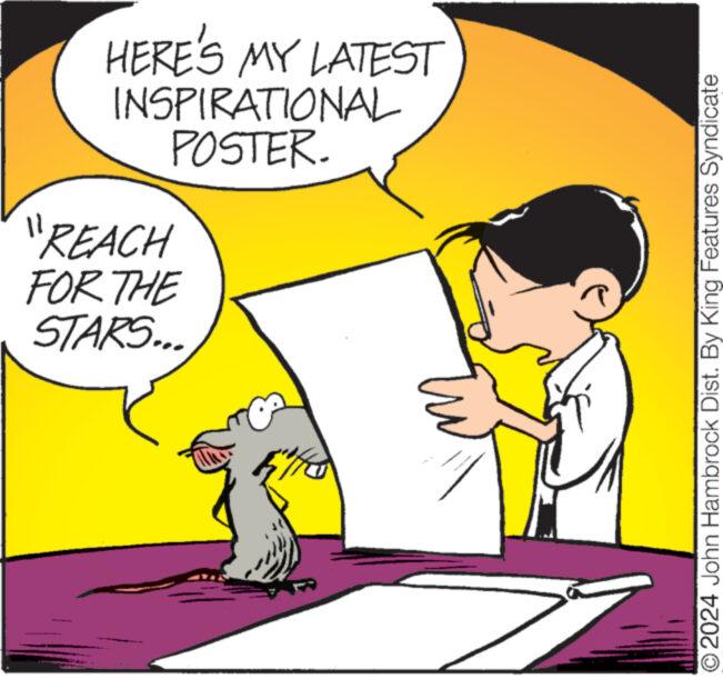 Line OCR: HERE'S MY LATEST INSPIRATIONAL POSTER. "REACH FOR THE STARS... ******* O2024 John Hambrock Dist. By King Features Syndicate HERE'S MY LATEST INSPIRATIONAL POSTER . " REACH FOR THE STARS ... ******* O2024 John Hambrock Dist . By King Features Syndicate