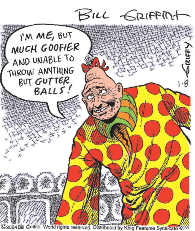 Drawing OCR: - I'M MEBUT MUCH GOOFIER AND UNABLE TO THROW ANYTHING AND **** NES BUT GUTTER BALLS! p ET wwww www 24 S 3 K wwwwwwww www. Th P b - 1277 14 G 1 BILL GRIFFInt 201 ???? Wisse pl 1. pl TORE NN No ?2024 Bill Griffith. World rights reserved. Distributed by King Features Syndicate! KANS 1-8 - I'M MEBUT MUCH GOOFIER AND UNABLE TO THROW ANYTHING AND **** NES BUT GUTTER BALLS ! p ET wwww www 24 S 3 K wwwwwwww www . Th P b - 1277 14 G 1 BILL GRIFFInt 201 ???? Wisse pl 1 . pl TORE NN No ?2024 Bill Griffith . World rights reserved . Distributed by King Features Syndicate ! KANS 1-8