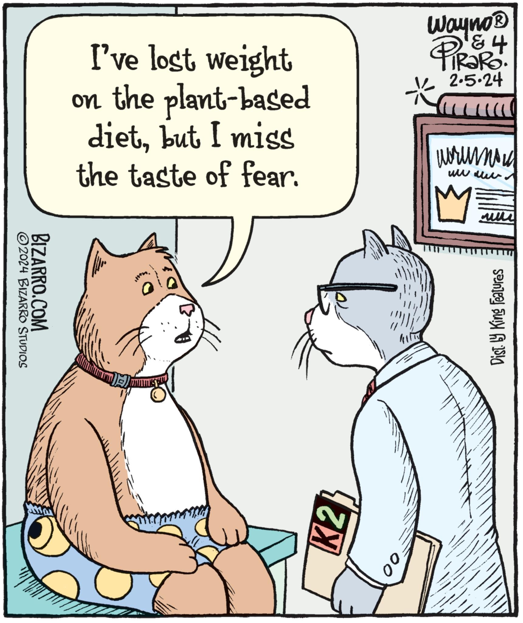 Rectangle OCR: ?2024 BIZARRO STUDIOS BIZARRO.COM I've lost weight on the plant-based dietbut I miss the taste of fear. K2 Wayno? & + TRARO. 2.5.24 (Ill ?????? www.w Dist. by King Features ?2024 BIZARRO STUDIOS BIZARRO.COM I've lost weight on the plant - based dietbut I miss the taste of fear . K2 Wayno? & + TRARO . 2.5.24 ( Ill ?????? www.w Dist . by King Features