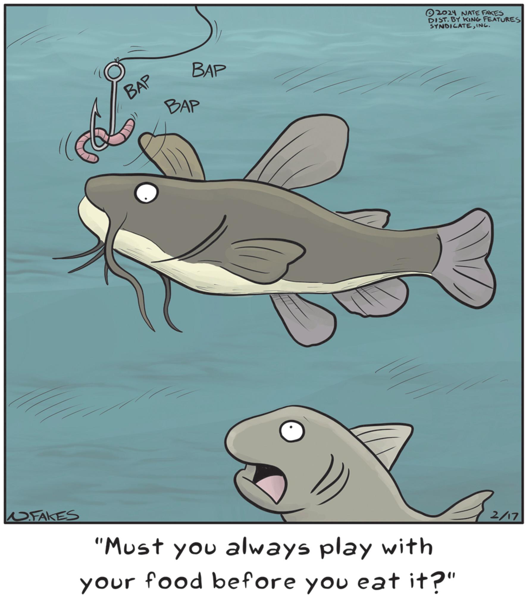 Marine mammal OCR: FAKES BAP • BAP BAP ?2024 NATE FAKES DIST. BY KING FEATURES SYNDICATEINC. "Must you always play with your food before you eat it?" 2/17 FAKES BAP • BAP BAP ?2024 NATE FAKES DIST . BY KING FEATURES SYNDICATEINC . " Must you always play with your food before you eat it ? " 2/17